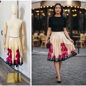 Saja Women’s Size 8 Floral 100% Silk Satin Pleated A Line Skirt Ivory Lined